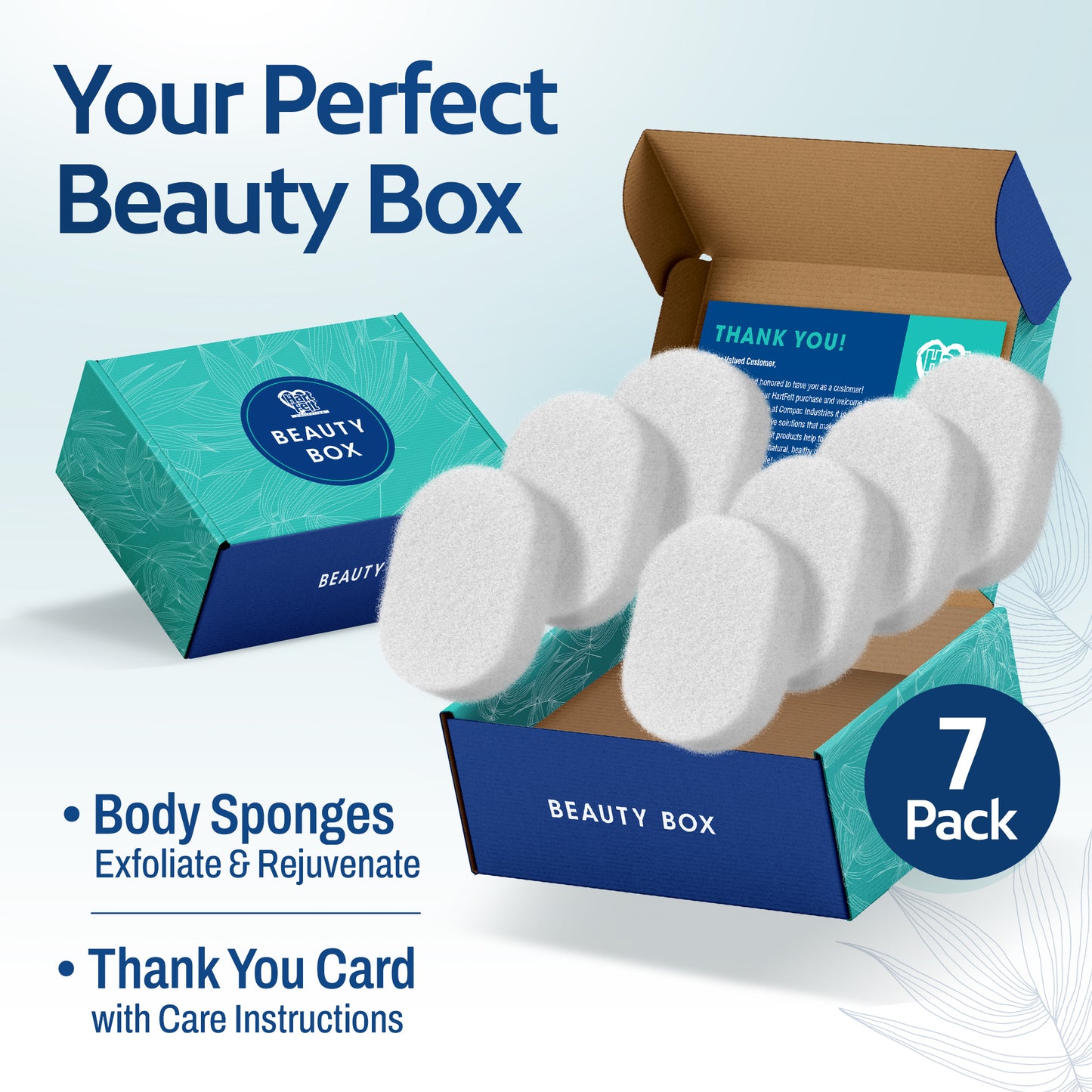 HartFelt Beauty Box contents image showing beauty box, 7 sponges, and thank you card with instructions