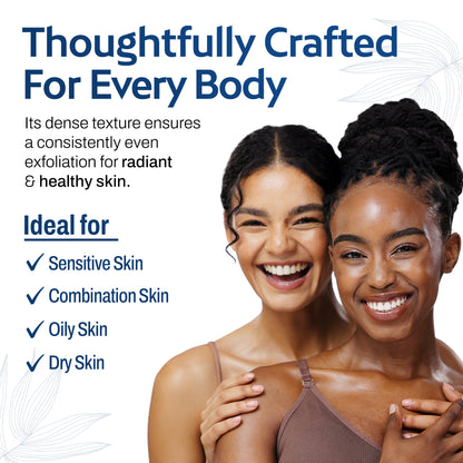 Two women embracing with text about skincare product suitability for various skin types on a white background - sensitive, combination, oily, and dry skin