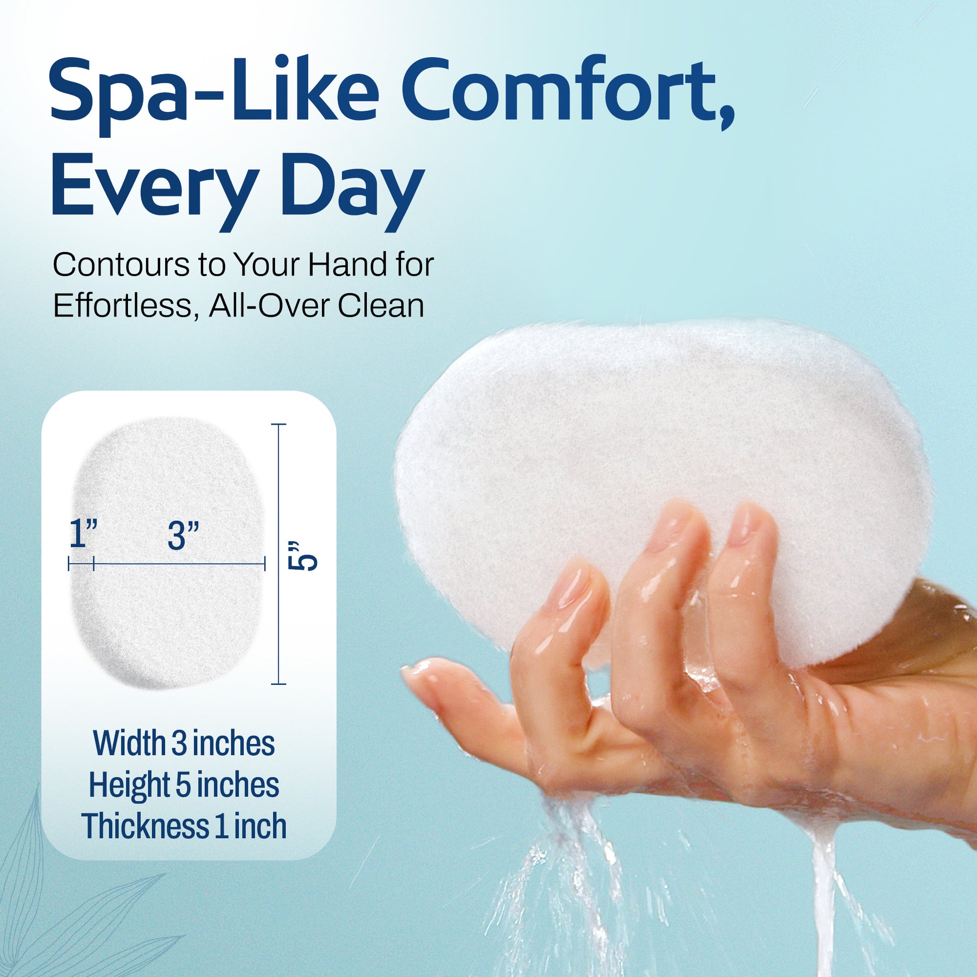 Hand holding a white cleansing pad with dimensions (5 inches tall x 3 inches wide x 1 inch thick) and text about spa-like comfort, every day.
