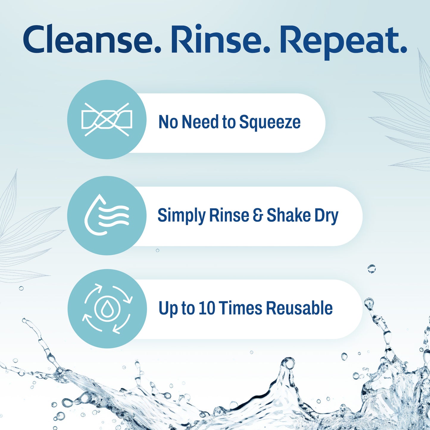 Product instructions with icons and text on a blue background: Cleanse. Rinse. Repeat. No need to squeeze, simply rinse & shake dry, Up to 10 times reusable.