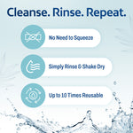 Product instructions with icons and text on a blue background: Cleanse. Rinse. Repeat. No need to squeeze, simply rinse & shake dry, Up to 10 times reusable.