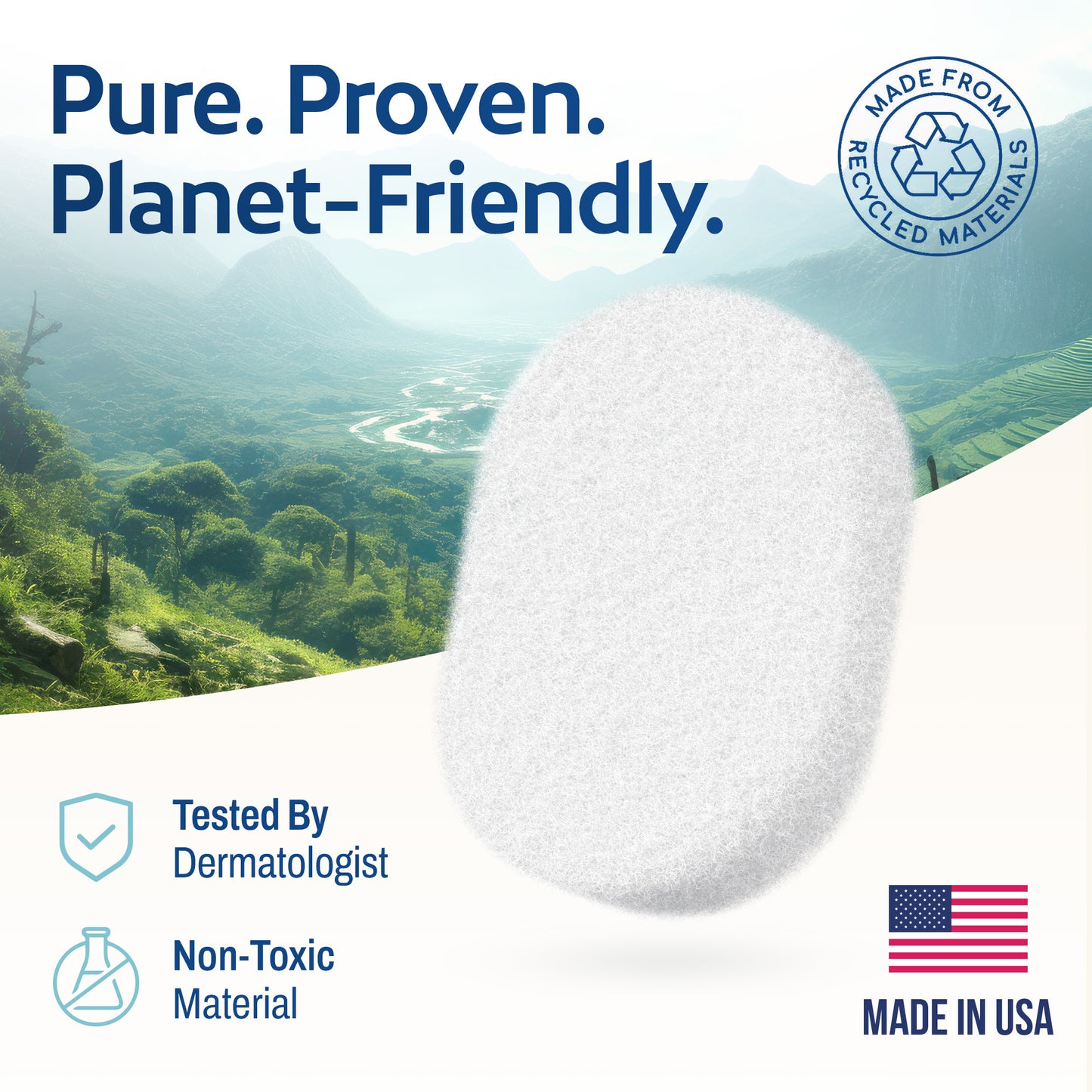 Product with scenic background and sustainability claims text: made from recycled water bottles, non-toxic material - made in the USA