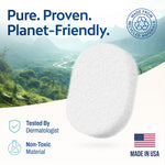 Product with scenic background and sustainability claims text: made from recycled water bottles, non-toxic material - made in the USA