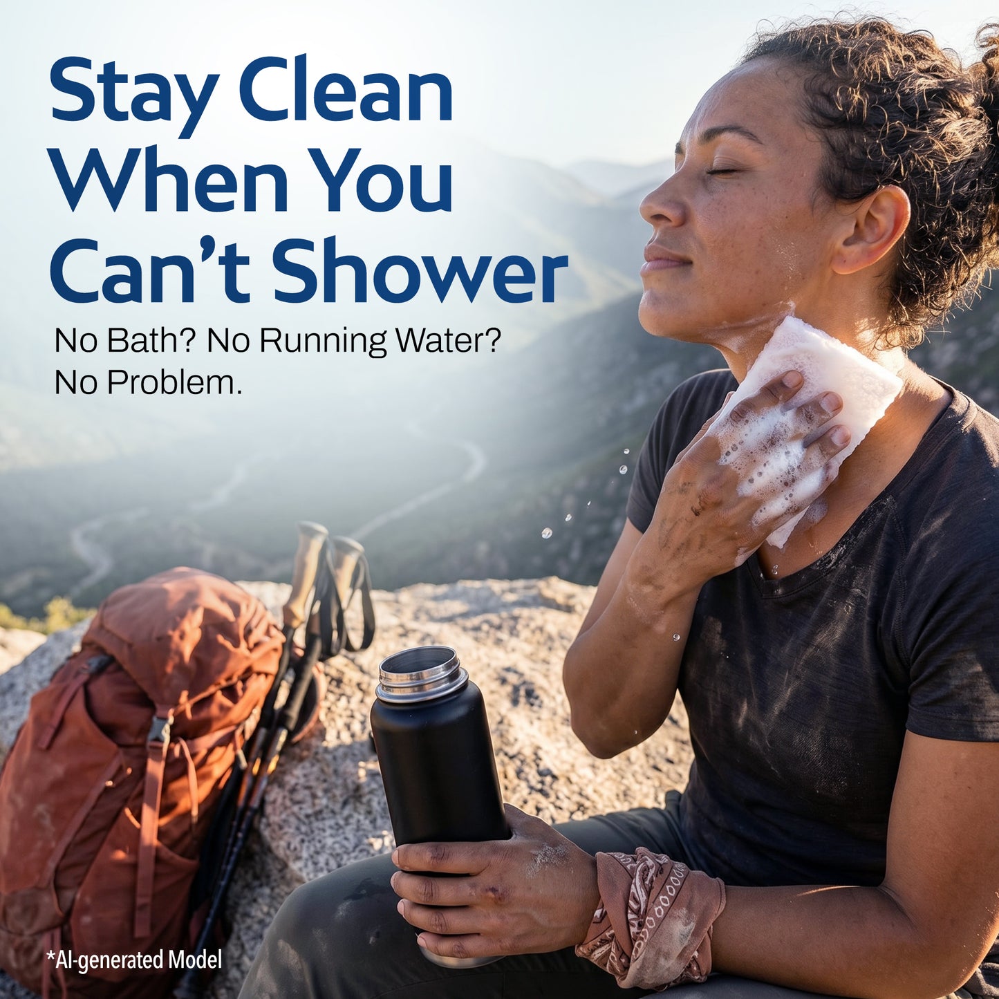 Woman hiker sitting on a mountain summit using a soapy white cleansing cloth on her neck, with a backpack and water bottle beside her. Text reads: Stay Clean When You Can't Shower – No Bath? No Running Water? No Problem.