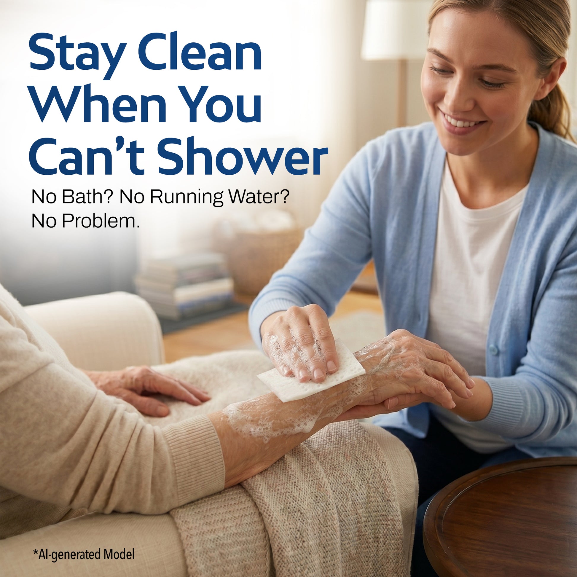 Female caregiver in a blue cardigan gently washing an elderly person's hand with a soapy white cleansing cloth while seated indoors. Text reads: Stay Clean When You Can't Shower – No Bath? No Running Water? No Problem.