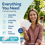 Woman outdoors holding 4 white XL cleansing cloths, next to a graphic listing four body zones: Upper Body & Face, Lower Body & Legs, Intimate Areas, and Extra Freshness. A microfiber towel graphic notes it's included for quick, hassle-free drying.