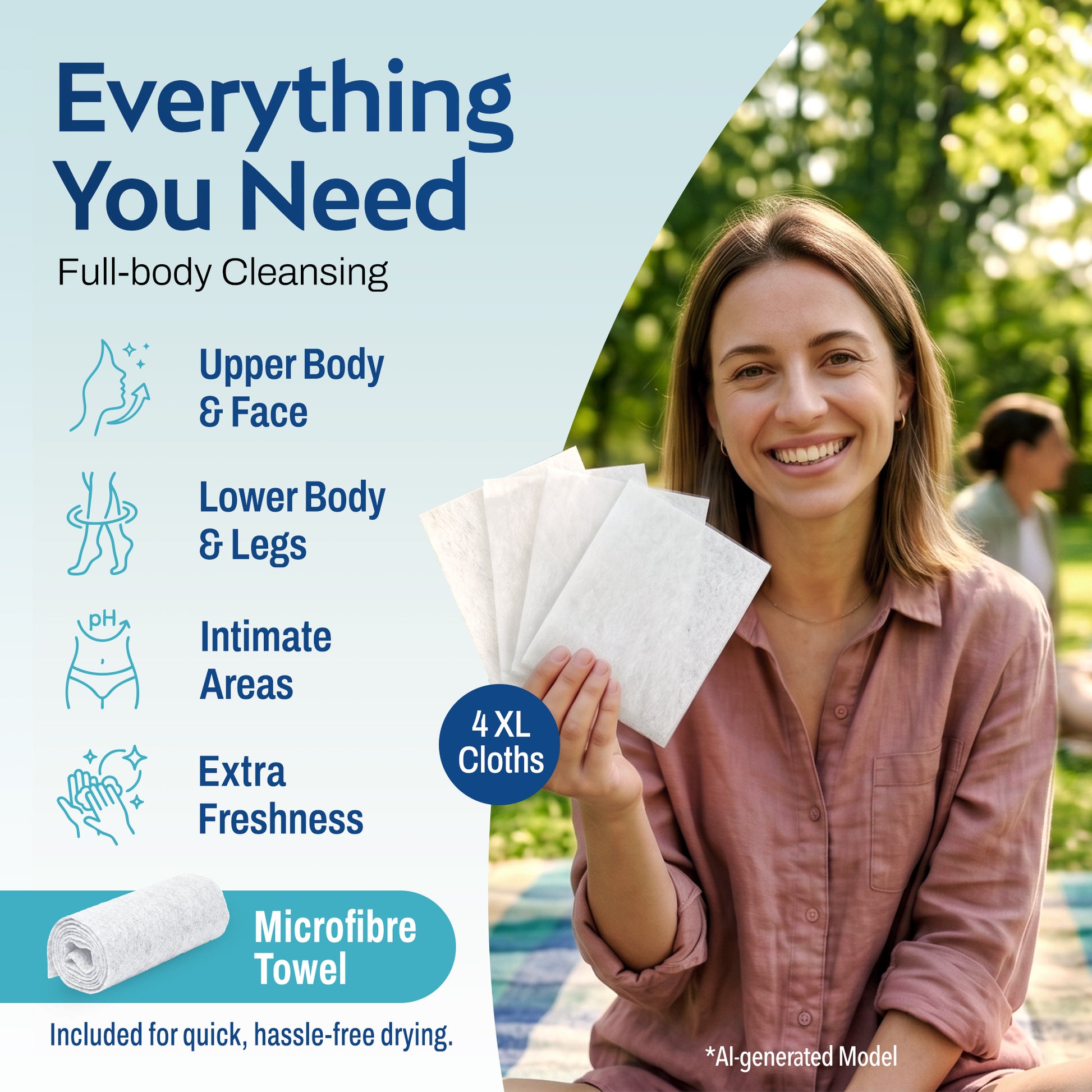 Woman outdoors holding 4 white XL cleansing cloths, next to a graphic listing four body zones: Upper Body & Face, Lower Body & Legs, Intimate Areas, and Extra Freshness. A microfiber towel graphic notes it's included for quick, hassle-free drying.