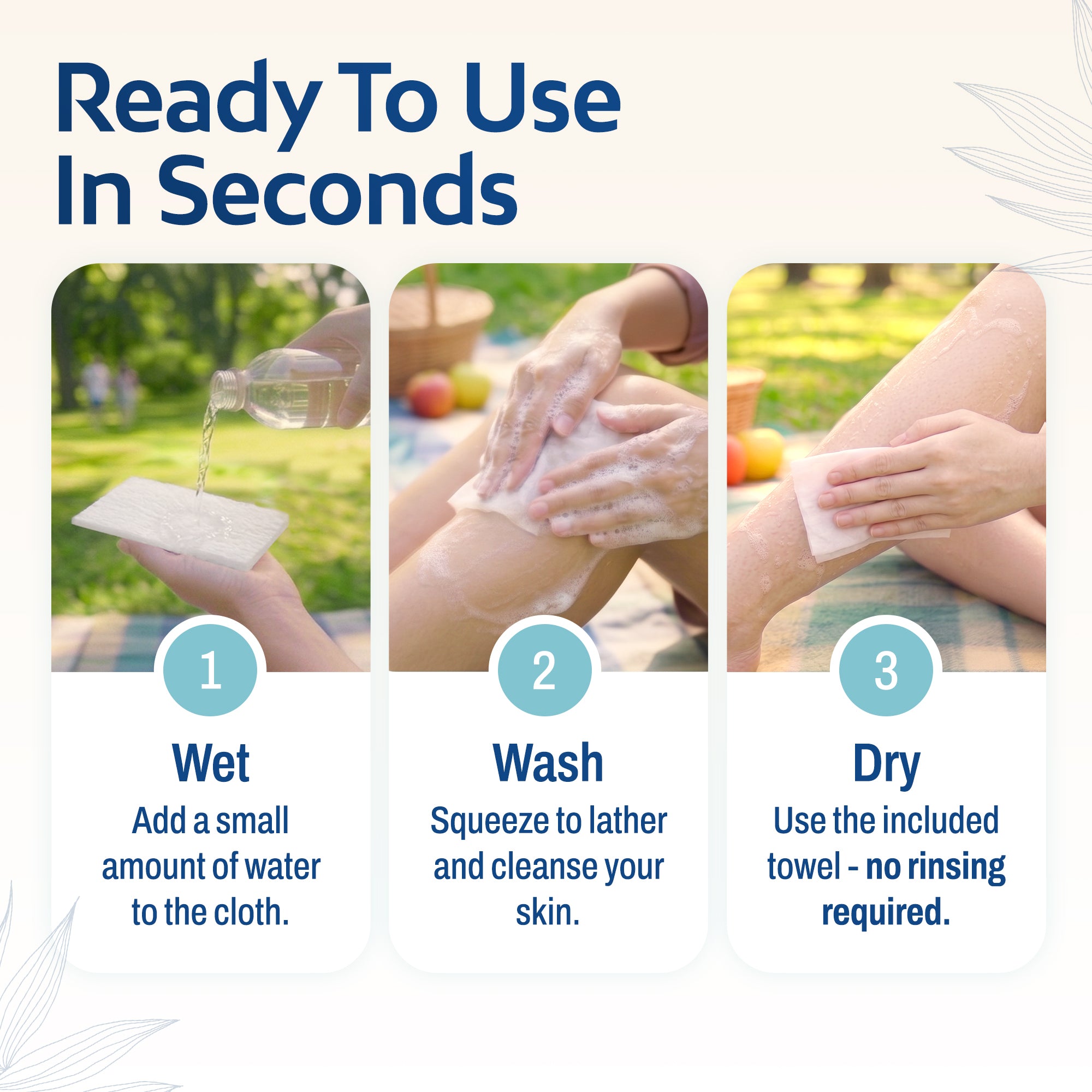 Three-step instructional graphic showing how to use the cloths outdoors: Step 1 Wet – add a small amount of water; Step 2 Wash – squeeze to lather and cleanse skin; Step 3 Dry – use the included towel, no rinsing required.