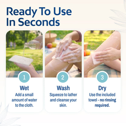Three-step instructional graphic showing how to use the cloths outdoors: Step 1 Wet – add a small amount of water; Step 2 Wash – squeeze to lather and cleanse skin; Step 3 Dry – use the included towel, no rinsing required.