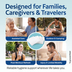 Four-quadrant photo grid showing the product in use across scenarios: Assisted Care (nurse bathing elderly patient), Outdoor & Camping (woman at campsite), Post-Workout Refresh (woman wiping face after exercise), and Injury & Limited Mobility (man washing shoulder). Headline: Designed for Families, Caregivers & Travelers.