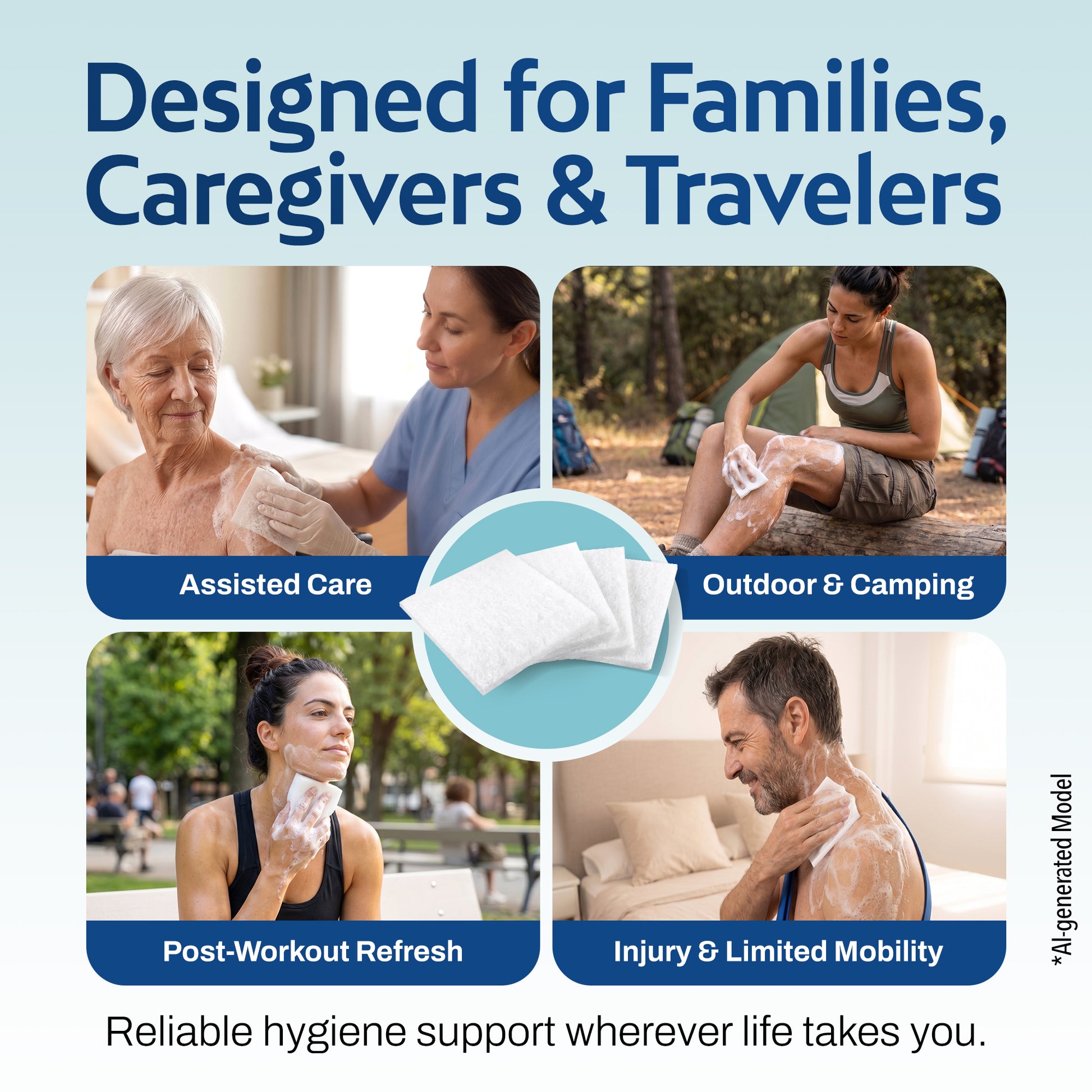 Four-quadrant photo grid showing the product in use across scenarios: Assisted Care (nurse bathing elderly patient), Outdoor & Camping (woman at campsite), Post-Workout Refresh (woman wiping face after exercise), and Injury & Limited Mobility (man washing shoulder). Headline: Designed for Families, Caregivers & Travelers.
