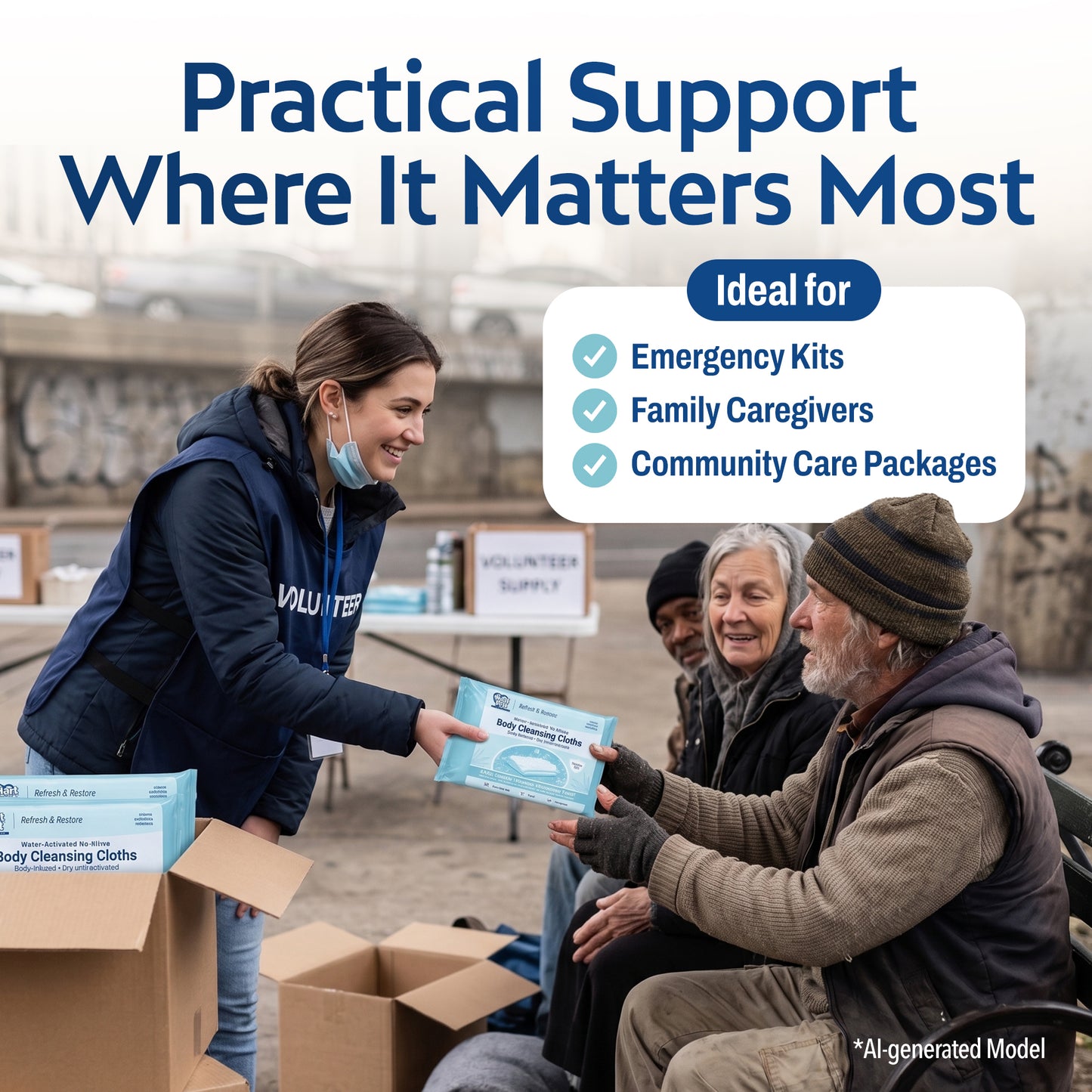 Volunteer handing a teal Hart Felt Body Cleansing Cloths package to people at an outdoor community distribution event. Text reads: Practical Support Where It Matters Most – Ideal for Emergency Kits, Family Caregivers, Community Care Packages.