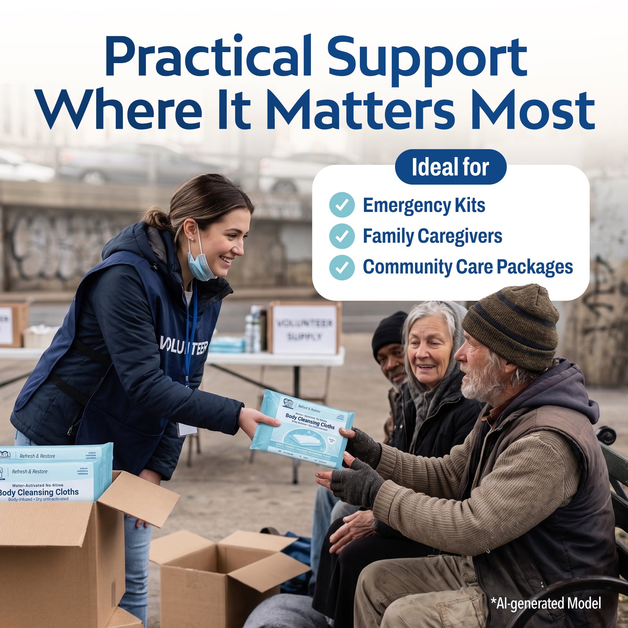 Volunteer handing a teal Hart Felt Body Cleansing Cloths package to people at an outdoor community distribution event. Text reads: Practical Support Where It Matters Most – Ideal for Emergency Kits, Family Caregivers, Community Care Packages.